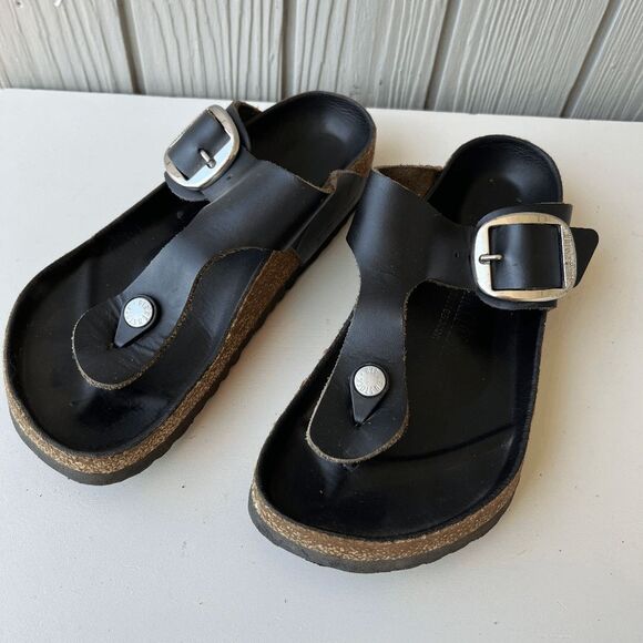 Birkenstock Gizeh Big Buckle Black Leather Sandals Size 38 / 7 Retail $200 - Picture 1 of 10